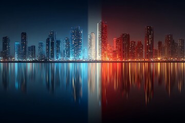 Fototapeta premium Cityscape at night with blue and red lights reflecting on water