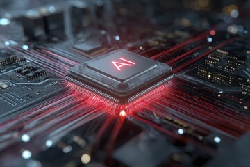 Advanced microprocessor creating connections in a modern technology circuit with glowing pathways representing data flow and processing efficiency