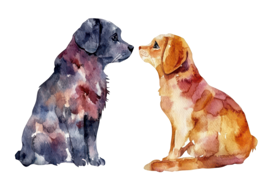 Two watercolor dogs facing each other isolated on transparent background. Dog and cat watercolor isolated on white background.