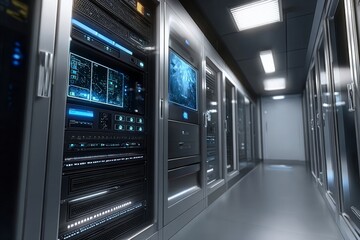 Modern server room with multiple server racks and blue electronic interfaces for data networking.