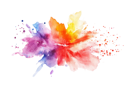 Vibrant watercolor paint splash explosion isolated on transparent background.