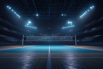 Professional volleyball court illuminated in a modern indoor arena ready for upcoming matches and competitions during nighttime