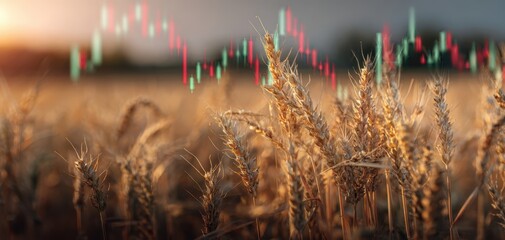 The golden wheat field illuminated by sunset with financial data overlay.