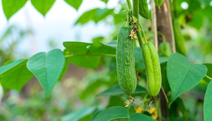Close-up of long, green pods on a vine