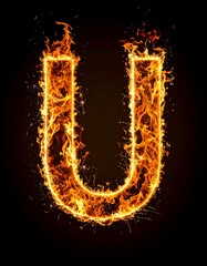 Fiery letter U, flames outlining its shape against a dark background