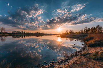 Obraz premium Sunrise over the tranquil lake creating a beautiful panorama of colors reflecting on the water's surface with clouds scattered across the sky