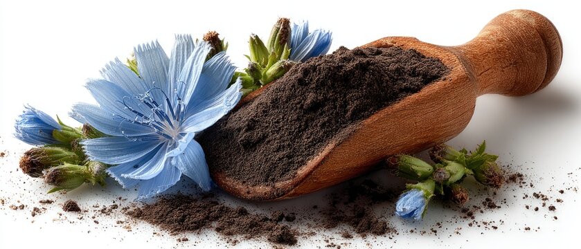 Chicory root powder with  blue flowers
