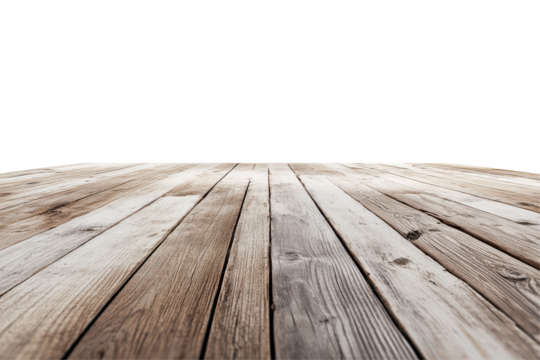 Rustic wooden planks surface perspective isolated on transparent background. Empty room with wood floor isolated on white background.
