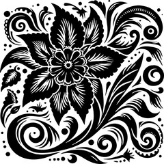 Narcissus Flower Solid Black Silhouette in Traditional Mexican Folk Art Style