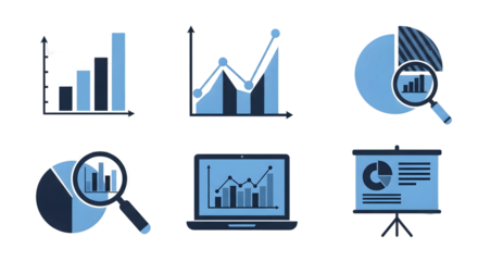 Collection of blue business analytics and data visualization icons including bar charts, line graphs, pie charts, and a laptop screen, isolated on transparent background