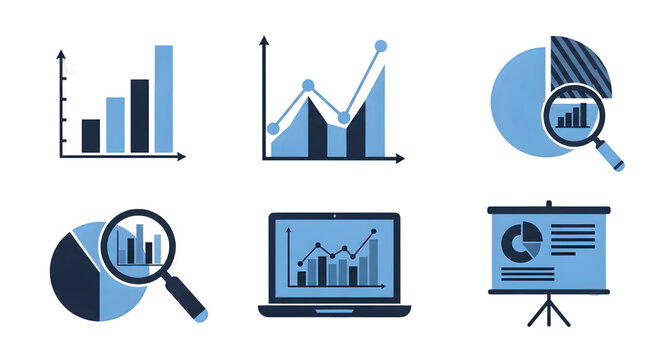 Collection of blue business analytics and data visualization icons including bar charts, line graphs, pie charts, and a laptop screen, isolated on transparent background