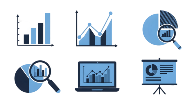 Collection of blue business analytics and data visualization icons including bar charts, line graphs, pie charts, and a laptop screen, isolated on transparent background