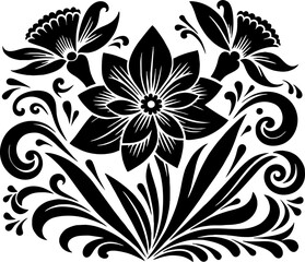 Narcissus Flower Solid Black Silhouette in Traditional Mexican Folk Art Style