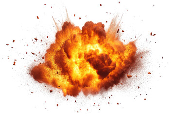Fiery orange explosion with smoke and debris isolated on transparent background. Explosion of fire isolated on white background.