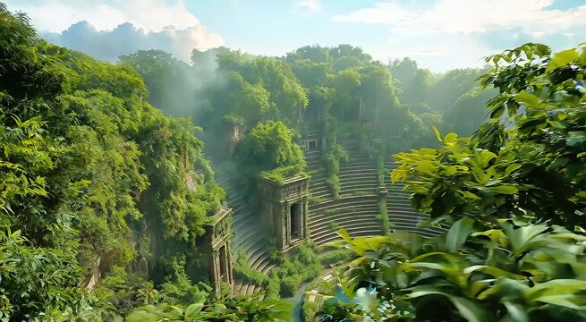 Ancient Stepwell Overgrown with Lush Greenery and Water.