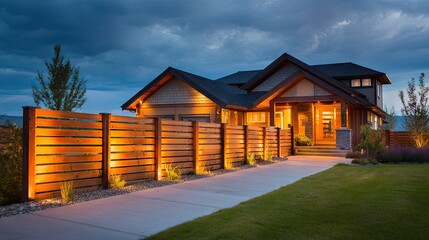 Obraz premium Illuminated wooden fence in front of a modern house at dusk.