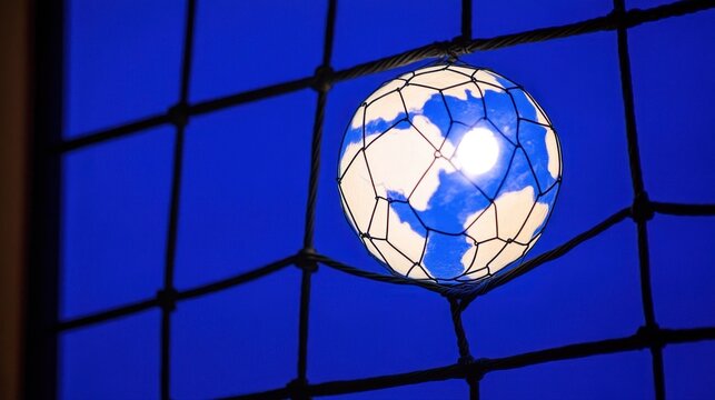 Global Interconnectivity: A world map designed soccer ball captured in a net against a solid blue