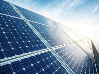 Sunlight reflecting on modern solar panels under a blue sky