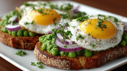 Two open-faced toast topped with fried eggs, pea pur?e, and red onion