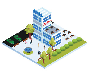 Modern Office Building and City Park Isometric Icon 3d flat vector illustrations