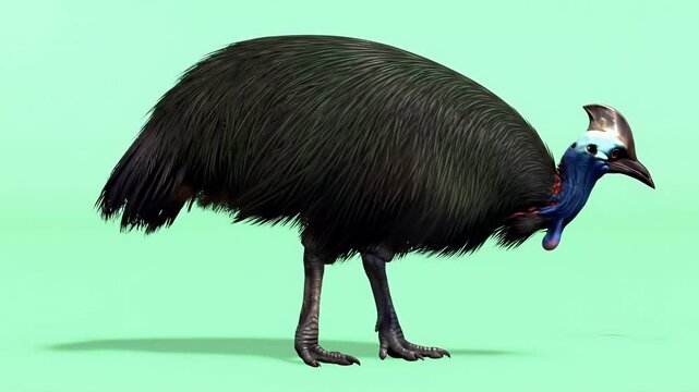 Majestic Southern Cassowary Bird with Distinctive Casque and Vibrant Blue and Red Plumage Against a Clean Green Background