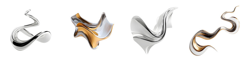 Abstract Fluid Art: Modern metallic liquid shapes in gold, silver and black for contemporary design elements.