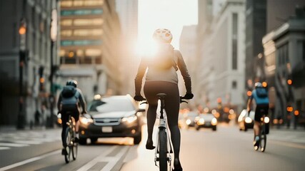 Cyclists ride down a sunlit city street commuting during golden hour with cars around