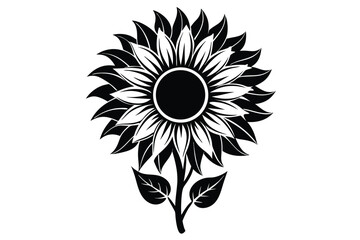 A monochrome sunflower stands elegantly, displaying layered petals and leaves on a white background