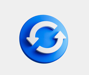 Blue circular button with a white refresh icon featuring two curved arrows, 3d illustration