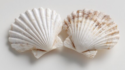 Beautiful white scallop shells arranged side by side on a light background showcasing natural textures and patterns