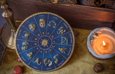 Enchanted ritual altar with burning candle, mystical hand, and ancient grimoire on golden cloth