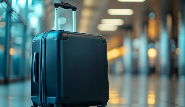 Modern black carry-on luggage suitcase with wheels in airport terminal hallway