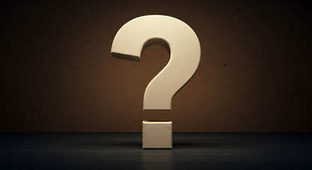 question mark in a box, question mark on a blackboard, Large beige question mark symbol stands on wooden surface. Brown warm textured background, dramatic lighting. Illustration reflects questions in 