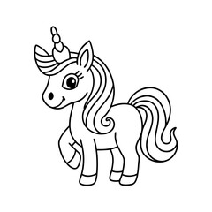 Fototapeta premium Black Outline Unicorn Flying Over Castle Illustration