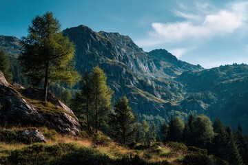 Scenic mountain landscape showcasing rugged peaks and lush greenery during a bright day with clear skies