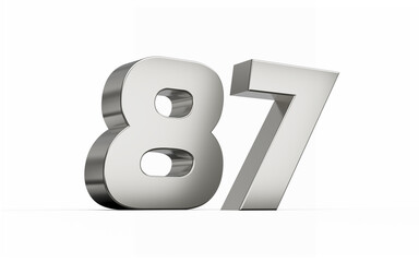 3d Silver number 87 Eighty seven sleek metallic look isolated on white background, 3d illustration