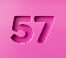 Vibrant pink number 57 Fifty seven embossed on a pink background, 3d illustration