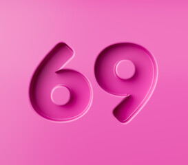 Vibrant pink number 69 Sixty nine embossed on a pink background, 3d illustration