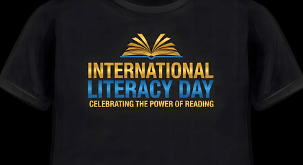 Black t-shirt with gold and blue international literacy day graphic clothing apparel