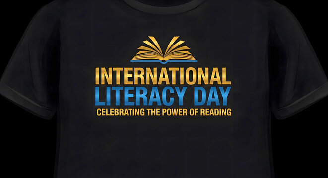 Black t-shirt with gold and blue international literacy day graphic clothing apparel - Powered by Adobe