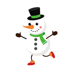 Cute Running Snowman Character in Top Hat and Green Scarf