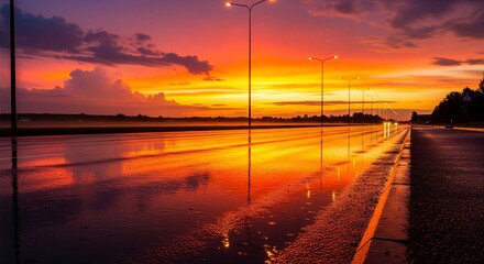 Dramatic Sky and Streetlights Reflected on a Rainy Road at Dusk