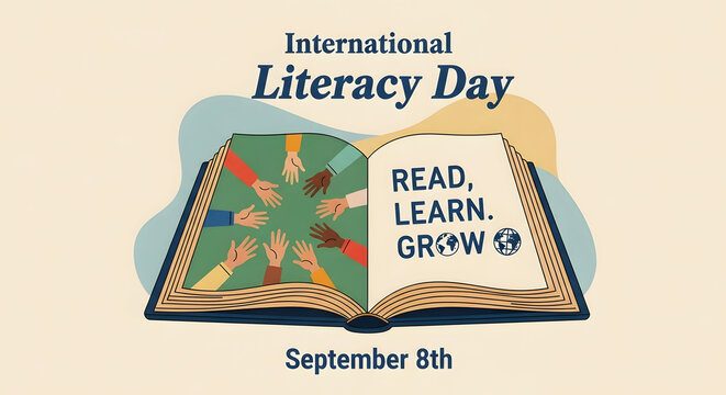 Open book with diverse hands reaching in and text for International Literacy Day diversity