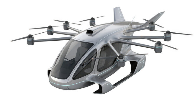 Futuristic Silver Drone Taxi: Transparent Background PNG, High-Resolution 3D Render