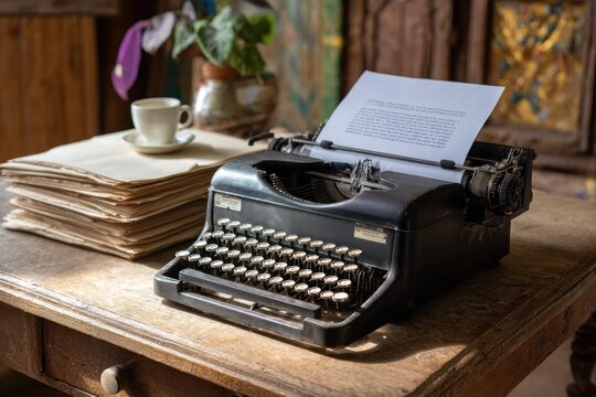 Old typewriter standing on wooden desk with paper and coffee