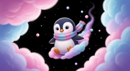 Obraz premium Whimsical Adventure: A Cute Penguin Soaring Through a Dreamy Cloudscape with Joyful Colors