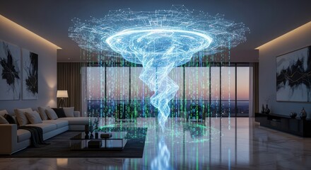 Advanced data visualization, integrating modern interior design with abstract tech data flow