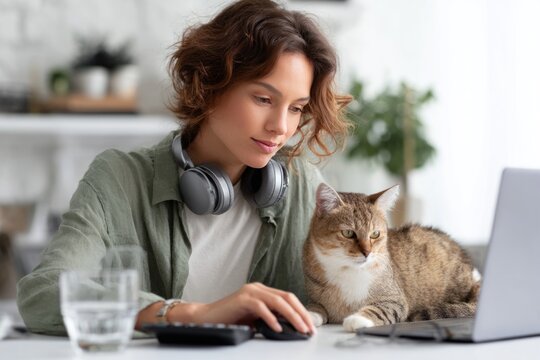 Woman working remotely with cat companion - Powered by Adobe