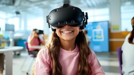 Smiling girl child student using virtual reality headset classroom, technology learning interactive modern education immersive - Powered by Adobe