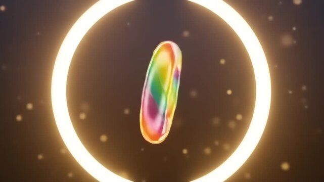 Colorful rainbow donut floating in a glowing ring with a soft bokeh background, ideal for dessert themes